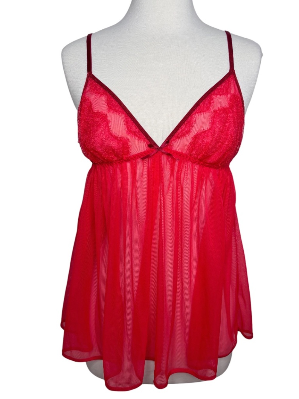 Victoria's Secret Red Sheer Mesh Lace V-Neck Babydoll Lingerie Size Small